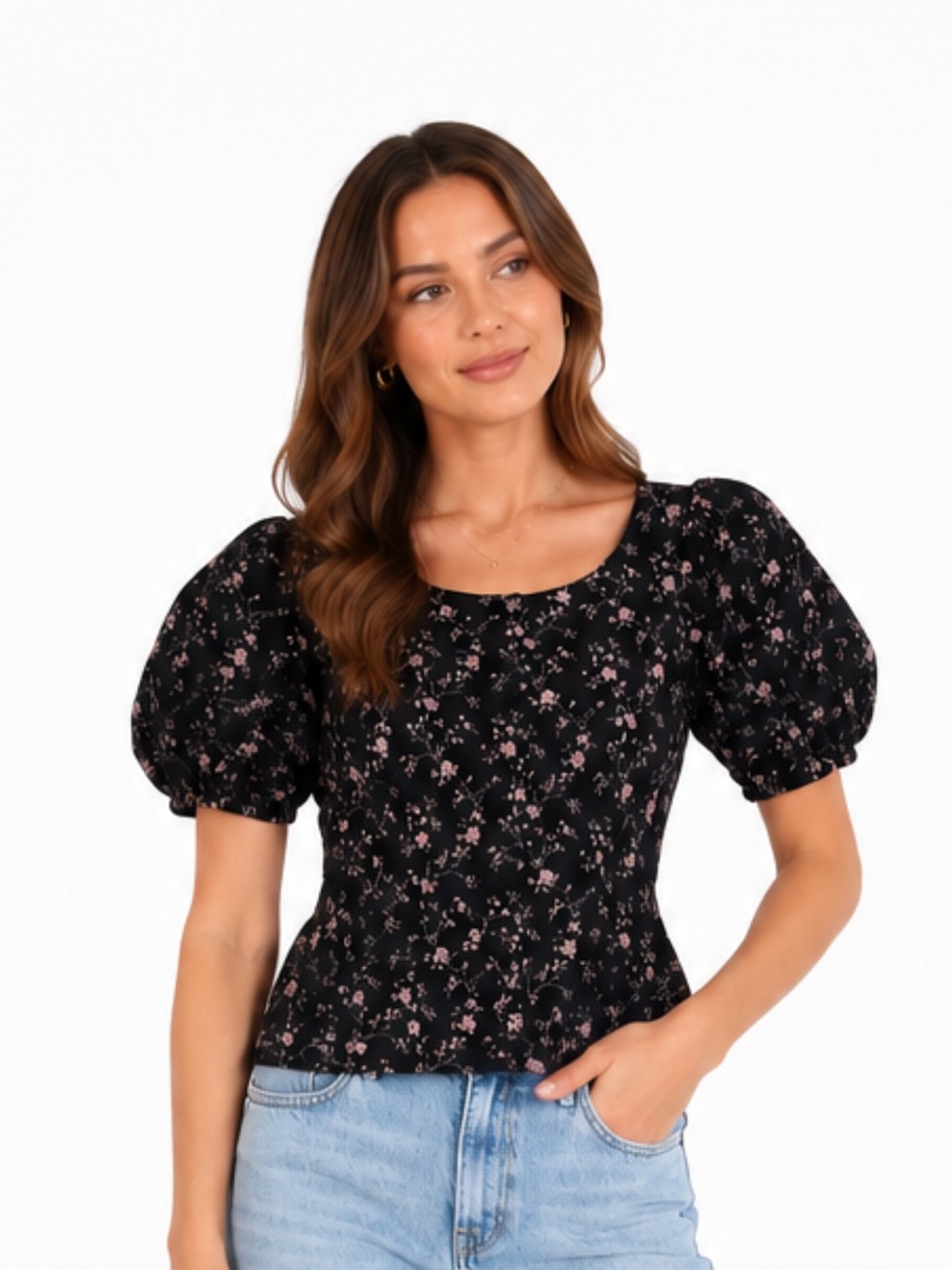 Rebecca Taylor Black Floral Puff Sleeve Top – Size 12